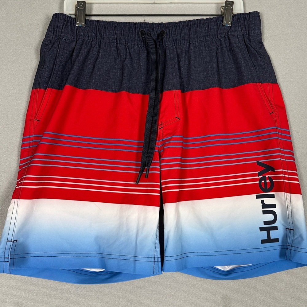Hurley Swim Trunks Mens Large Red Blue Striped Lined Stretch Board Shorts Logo